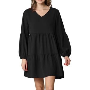 Casual Long Sleeve V-Neck Loose Flowy Swing Shift Dress